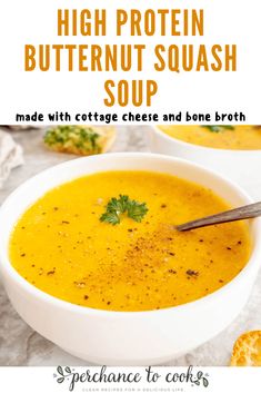 a bowl of high protein butternut squash soup