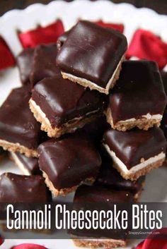 several pieces of chocolate cheesecake bites on a plate