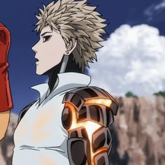 an anime character holding a red glove in his right hand and looking off into the distance