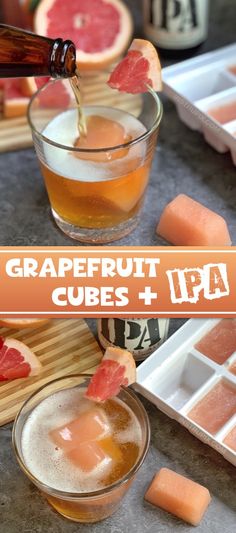 grapefruit cubes and ice in glasses with grapefruit on the side