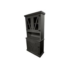 a black cabinet with doors and drawers on it's sides, against a white background