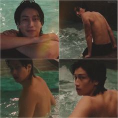 four pictures of a man in the water with no shirt on and his arms around him