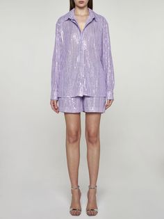 Stine Goya's Edel lavender fabric shirt featuring striped sequins, pointed collar, concealed front buttoning, buttoning on the back and cuffs and rounded hem. Composition: 100% recycled poliester Striped Long Sleeve Party Blouse, Spring Party Striped Blouse, Spring Long Sleeve Sequin Shirt, Long Sleeve Sequin Shirt For Spring, Formal Sequin Blouse For Spring, Lavender Fabric, Scandinavian Aesthetic, Stine Goya, Sequin Shirt