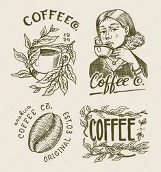 coffee badges and emblems for different types of coffee products, hand drawn illustration on white paper