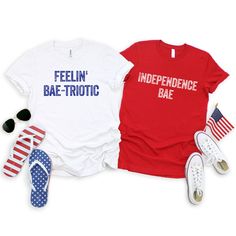 "These matching shirts are perfect for 4th of July photos or to add a festive touch to a family cookout! This super comfy tee has just the right amount of stretch, and the unisex cut is flattering for both men and women. LOOKING FOR MORE STYLES? Check out our shop under the \"T-Shirts\" link! SIZING Please note that sizes are unisex, so it will fit both men and women. If you prefer a more snug fit, you may consider sizing down. A chart is attached to help you choose your correct size. DETAILS - Funny Short Sleeve Tops For 4th Of July, Patriotic Pre-shrunk Shirt For 4th Of July, Family Matching T-shirts For 4th Of July, Family Matching Short Sleeve T-shirt For 4th Of July, Family Matching Crew Neck T-shirts For 4th Of July, Fun 4th Of July Shirt With Letter Print, Funny Pre-shrunk T-shirt For 4th Of July, Funny 4th Of July Shirts, His And Her Shirts