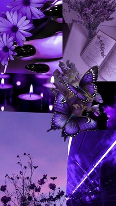 purple flowers and candles are featured in this collage with the image of a butterfly