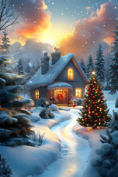 a painting of a christmas tree in front of a house with a lit up window