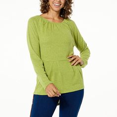 DG2 by Diane Gilman Raglan-Sleeve Brushed Sweater Knit Peplum Top  Like a warm (fashionable) hug, this oh-so-soft brushed sweater knit top wraps you in stylish comfort. A shirred neckline, flared peplum with pleat detail, and hi-low shirttail hem make this classic pullover the perfect transitional piece for workday-to-weekend looks. Versatile Long Sleeve Top For Winter, Green Long Sleeve Soft Knit Top, Green Soft Knit Long Sleeve Top, Casual Stretch Long Sleeve Top For Winter, Green Stretch Long Sleeve Knit Top, Green Long Sleeve Knit Top For Fall, Stretch Knit Long Sleeve Top For Fall, Knit Stretch Long Sleeve Top For Fall, Casual Long Sleeve Stretch Knit Top