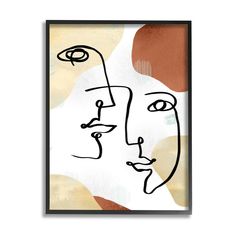 an abstract painting with two faces in black, white and orange colors on a beige background