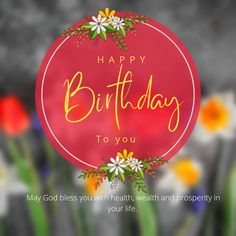 a happy birthday card with daisies and flowers in the background on a red circle