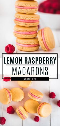 lemon raspberry macarons stacked on top of each other