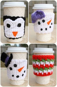 crocheted coffee cup cozyies with snowman faces on the top and bottom