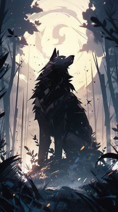 a wolf standing in the middle of a forest under a moon filled sky with leaves