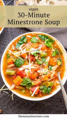 a white bowl filled with vegetable minestone soup