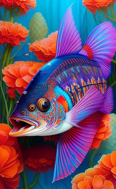 a painting of a blue fish with orange flowers in the background