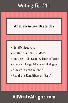 an image with the words writing tip 11 what do action beats do? on it