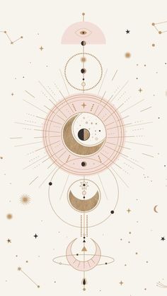 an illustration with the sun, moon and stars in it's center on a beige background