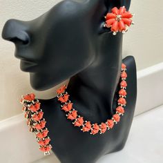 Absolutely Beautiful Vtg Kramer Coral Set Consisting Of Necklace (13 Inches With An Added 3 1/2 Inch Extender ), Bracelet (7 1/3inches ), And Clip-On Earrings (1 Inch Diameter). In Excellent Condition Silver-Tone Hardware Hook Closure Parure 1 Coral Elegant Jewelry With Matching Earrings, Orange Costume Jewelry For Formal Occasions, Elegant Coral Sterling Silver Jewelry, Vintage Coral Jewelry For Wedding, Formal Coral Jewelry With Matching Earrings, Coral Jewelry Set With Matching Earrings For Formal Events, Coral Vintage Jewelry For Wedding, Classic Coral Jewelry As Gift, Classic Coral Jewelry Gift