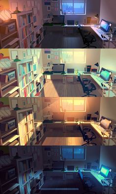 three different views of a room with bookshelves and desks