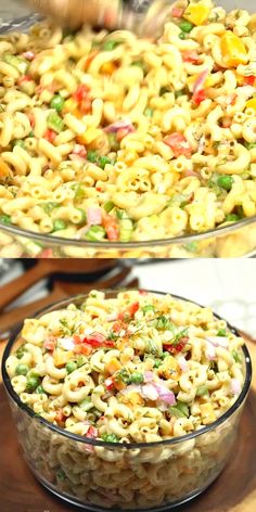 two pictures of macaroni salad in glass dishes