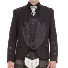 Men's Scottish Charcoal Wool Argyle Kilt Jacket With 5 Button Vest 17th Century Argyle Wedding Jacket | Chest Size 34" to 54" Inches. Matching wooden style buttons. Fully lined with satin. 3 pockets at front. 2 internal pockets. 2 pocket waistcoat. Waistcoat is also fully lined and has 5 matching buttons. COMPLETE CUSTOMISE JACKET: Scottish Clans Attire is the Ultimate Scottish Clothing and Accessories Shop that offer an Extensive Range of High-Quality Costume Made Outfits. We offer the ultimate customization in creating your a very own Jacket. We customized Jacket exclusively tailored for you. Just send your valid measurements to complete customization of your jacket, and receive a state of the art Jacket that is fit for you. Double-breasted Winter Suits With Buttons, Winter Double-breasted Suit With Buttons, Winter Wedding Suits With Pockets, Fall Wedding Outerwear With Pockets, Tailored Wedding Outerwear With Pockets, Semi-formal Winter Blazer With Black Buttons, Classic Single-breasted Wedding Outerwear, Fall Wedding Suits With Button Closure, Winter Formal Sport Coat With Buttons