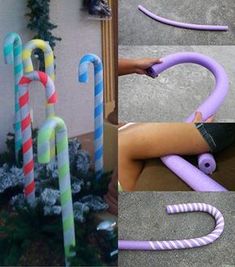 several pictures of different types of candy canes in various shapes and sizes, including one with