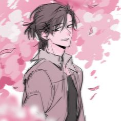 a drawing of a man standing in front of pink flowers