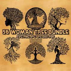 the woman tree bundle is shown in black and white on an old parchment paper background