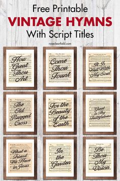 the printable vintage hyms with script titles is displayed on a wooden background