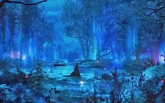 the forest is lit up at night with blue lights and trees in the foreground