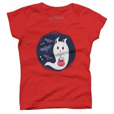 Step into the spooky season with flair with the Design By Humans "Halloween Ghost Cat" T-Shirt by ArtStyleAlice. This charming tee is perfect for any young girl who loves a mix of cute and eerie.

- Size: Large
- Color: Red
- Material: Premium ring-spun cotton
- Gender: Female
- Age Group: Kids

Featuring a playful ghost cat cartoon, this t-shirt blends Halloween spookiness with whimsical fun, making it an ideal choice for seasonal festivities or everyday wear. The soft, breathable cotton ensure Red Halloween T-shirt With Graphic Print, Red Halloween Graphic T-shirt, Pre-shrunk Red T-shirt For Halloween, Halloween Red Crew Neck T-shirt, Red Halloween Graphic Tee, Halloween Motifs, Classic Halloween, Cat Cartoon, Cartoon T Shirt