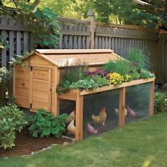 an outdoor chicken coop with plants and flowers in the roof, along with chickens on the lawn