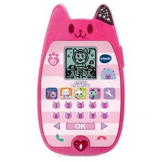 a pink cell phone with a cat face on it