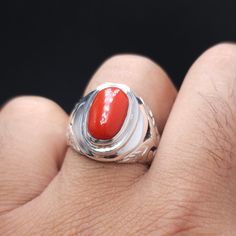 Natural Dark Deep Red Coral Marjan Ring mens Coral Rings Coral (Marjaan) Gemstone Ring in 925 Silver Moonga Stone Praval Stone Red Coral man Real Coral Stone Beautiful Men Ring Handmade pure silver 925 Sterling Argentium Silver available on demand 8 US ring size. It is Resize able Natural Coral stone used FedEx shipping Contact me for more details Note: Ring video is uploaded. You can watch ring and stone quality easily in video. Traditional Red Ruby Ring In Sterling Silver, Traditional Red Ring Stamped 925, Coral Rings, Watch Ring, Mens Gemstone Rings, Ring Video, Fingers Design, Coral Ring, Ring Mens