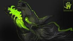 a digital painting of a woman laying on her back with green paint all over her body