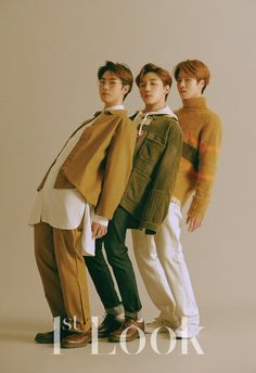 three young men standing next to each other in front of a white background with the word look on it