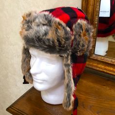 New * Winter Hat. Faux Fur And Red/Black Checkered Pattern. Button Up Or Down Flap. Quilted Inside. Trapper Hat, Black Checkered, Trapper Hats, Fur Hat, Red And Black Plaid, Checkered Pattern, Winter Hat, Black Plaid, Plaid Pattern