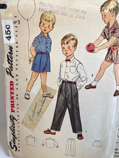 Sewing Pattern Vintage 19650s Simplicity 4166 Boy's Shirt, Shorts and Trousers Sewing Pattern. Pattern size: Boy's 3 (see picture #3 for sizes and material). Pattern and instructions for: Boy's Shirt, Shorts and Trousers.  The shirt has a convertible collar, back yoke and front button closing.  View 1 has a pocket on left front and long sleeves with wristbands.  Views 2 and 3 are short sleeve.  Trousers are long with a cuff and have a fly front with one soft pleat on each side of the center fron 1950s Boys, Boys Sewing Patterns, Boy Christening Outfit, Trousers Pattern, Boy Sewing, Vintage Boys, Boys Shirt, Simplicity Sewing, Couture Vintage