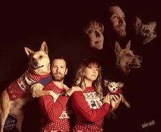 a man and woman standing next to each other in pajamas with dogs on their shoulders