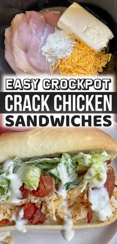 easy crockpot chicken sandwich sandwiches with shredded cheese and lettuce on top