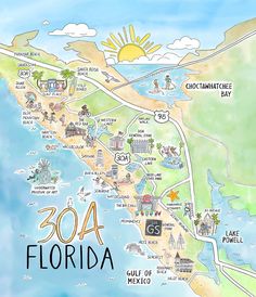 a map of florida with the name and location on it's side, in watercolor