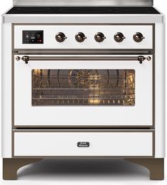 a white stove with two burners and one oven door open, on a white background