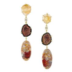 Grand Canyon 18k One of a Kind 3-Tier Gemstone Earrings: Star Rutilated Quartz, Diamond, Black Druzy Geode & Crazy Lace Agate Diamonds illuminate one of a kind, ethically sourced gemstone earrings elegantly handset in 18k gold in New York City. The dynamic combination of colors & striking textures are reminiscent of the ethereal natural beauty of the Grand Canyon. Minimalist lightweight statement earrings. Top Gemstone: Star Rutilated Quartz; Center Gemstone: Black Druzy Geode; Bottom St Luxury Natural Stone Drop Earrings, Luxury Drop Earrings With Natural Stones, Jewelry Market, Earrings Star, Jewellery Marketing, The Grand Canyon, Signature Jewelry, Crazy Lace Agate, Rutilated Quartz