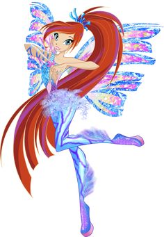 a fairy with long red hair and blue wings