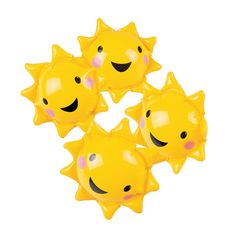 five yellow balloons with smiling faces on the top and bottom one has been cut out to look like sunbursts