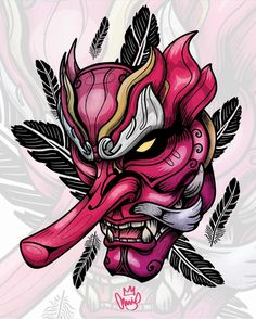 a pink mask with feathers on it's head and an arrow in its mouth