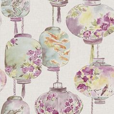 a wallpaper with many vases and flowers on the outside, including one in pink