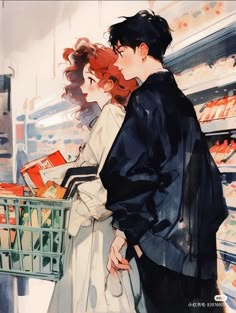 two people standing next to each other in front of a grocery cart