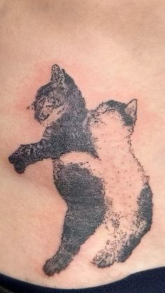 a woman's stomach with a cat tattoo on it