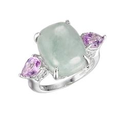 Jade of Yesteryear Sterling Silver Green Jade and Amethyst Ring Stand out in the crowd with this beautiful sterling silver jade and amethyst ring on your finger. From Jade of Yesteryear.       Approx. 5/8"L x 1-1/16"W x 7/16"H; shank 1/16"W     Stamped .925 sterling silver; rhodium plating     Sterling silver ring has cushion-shaped green jade cabochon prong-set in center     Center stone flanked by prong-set, pear-shaped amethyst     Finished filigree gallery   Stone Information       All sizes Elegant Natural Amethyst Ring For Anniversary, Elegant Silver Emerald Ring With Natural Stones, Ring Stand, Color Bands, Jade Ring, Jade Jewelry, Jade Green, Sterling Silver Bands, Amethyst Ring